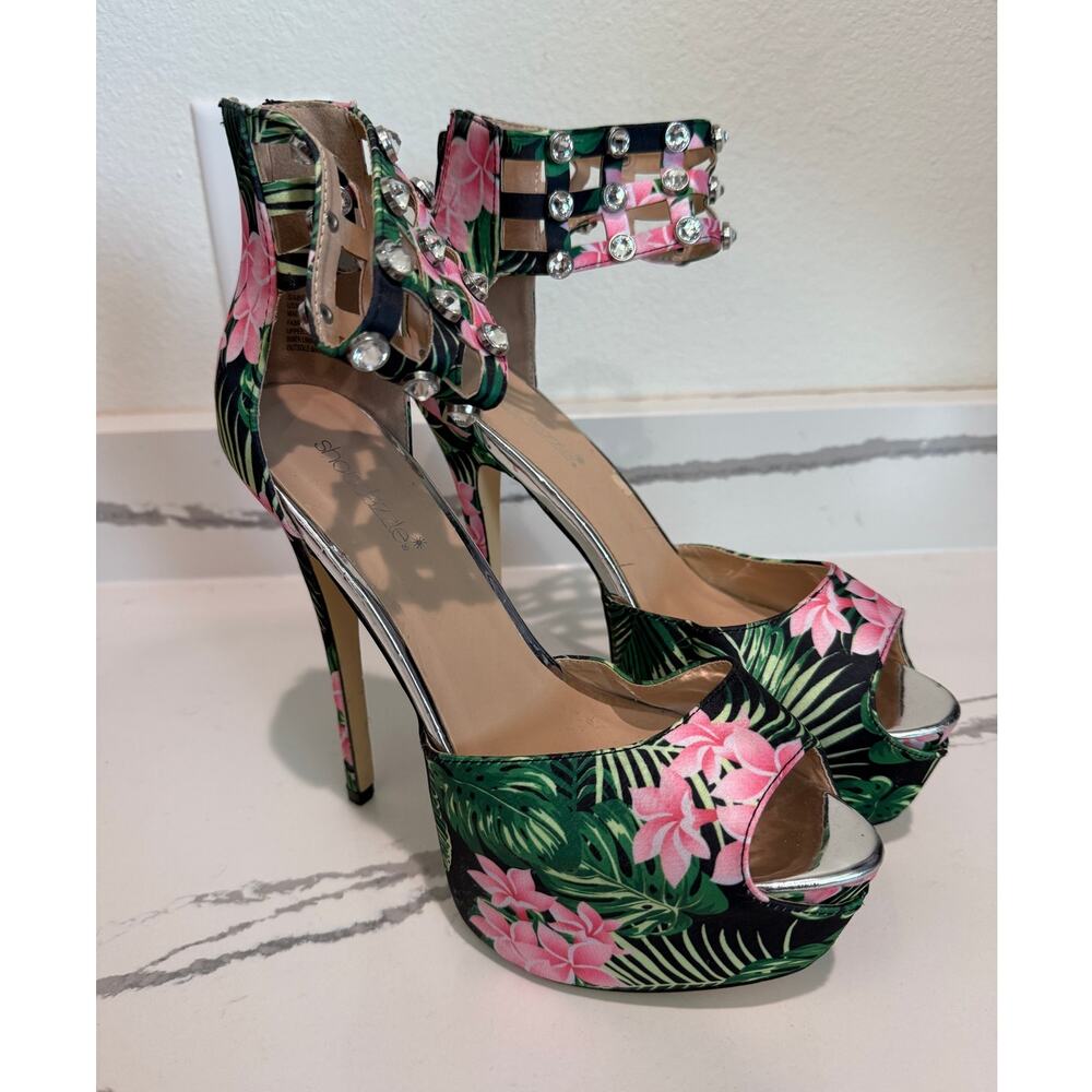 Shoe Dazzle Heels Green Floral Platform Ankle Strap Rhinestone Stiletto‎ 9.5
